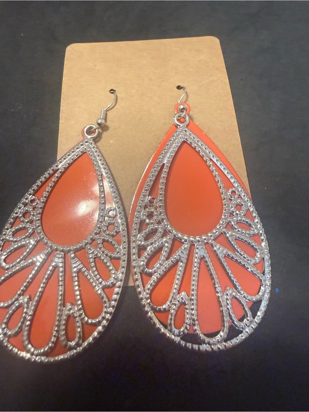 Silver Filigree Teardrop Earrings with Orange Inset